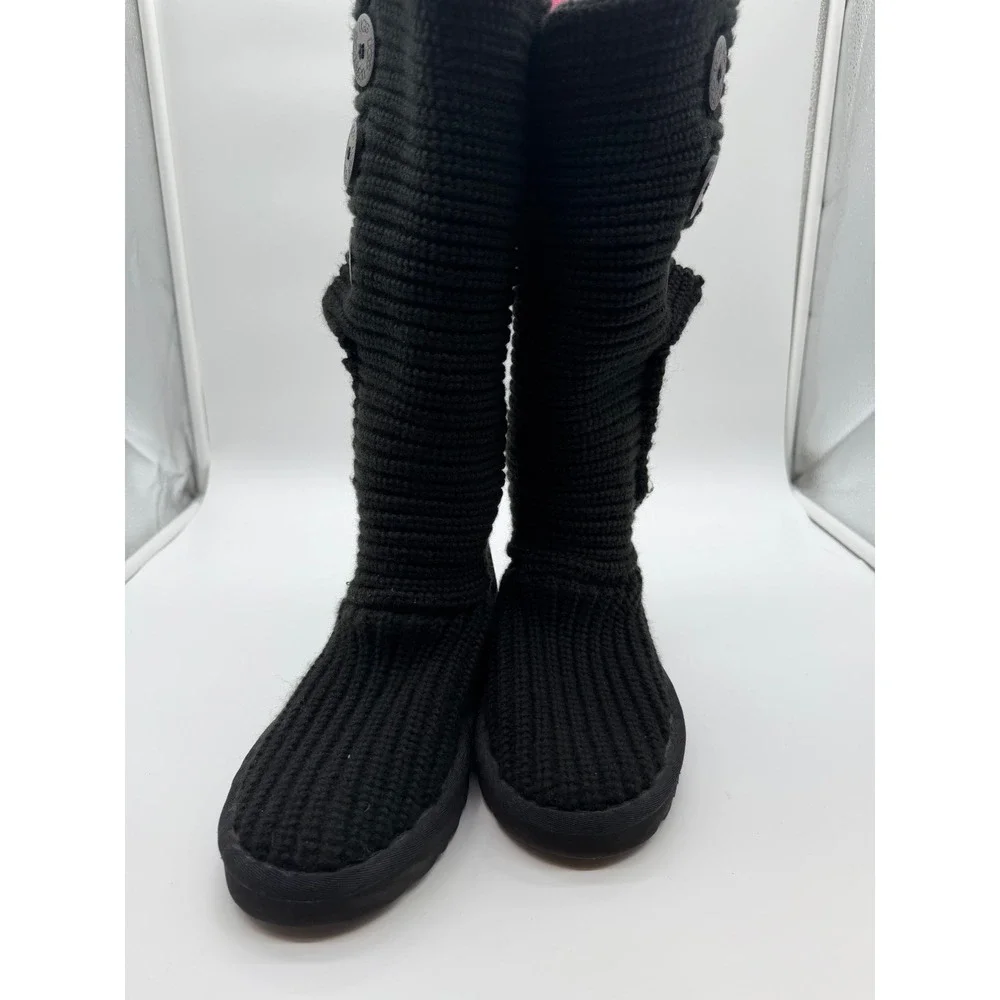 UGG Lattice Cardy Black Knit Three Button Tall Boots Womens 6